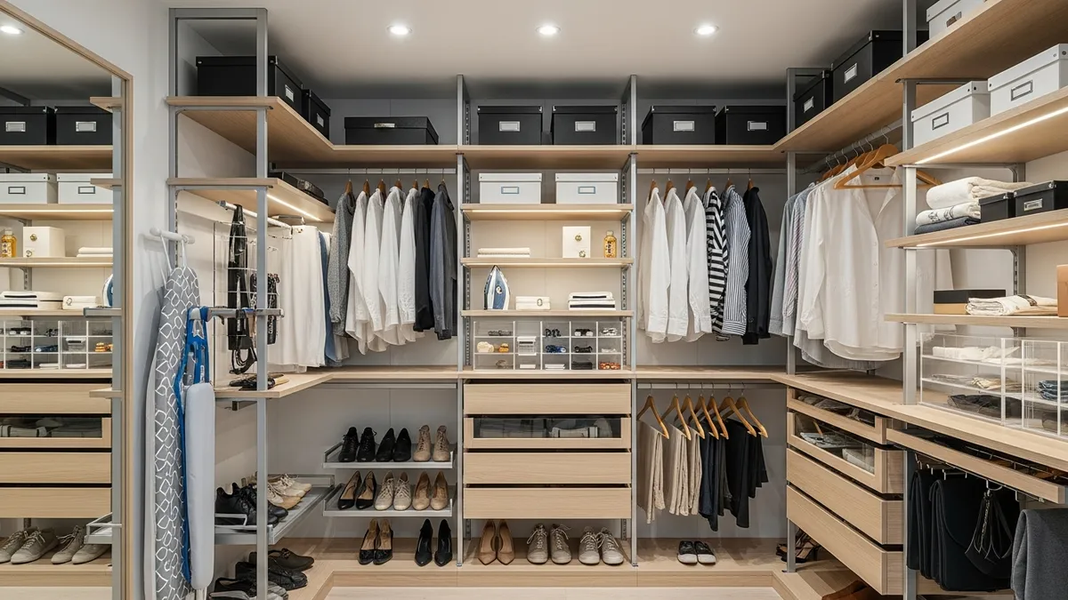 Small walk-in closet organization maximizing vertical space with efficient storage solutions