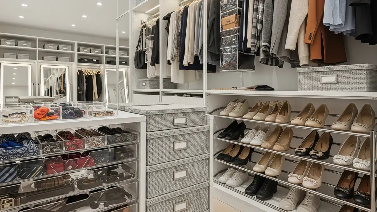 Walk-in closet storage solutions with bins, organizers, and shoe storage systems