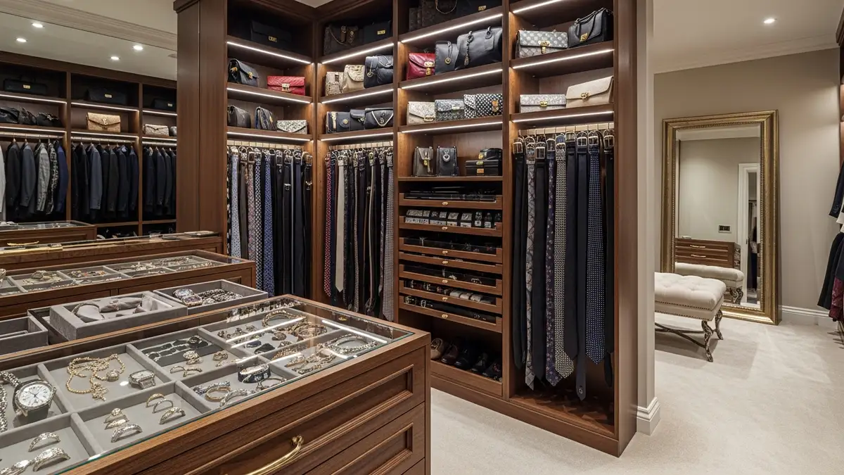 Walk-in closet accessory organization with jewelry storage and bag displays