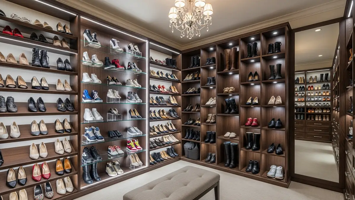 Walk-in closet shoe storage organization with shelves and display cubbies