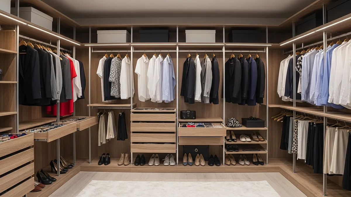 Walk-in closet storage systems with adjustable shelves and hanging organization