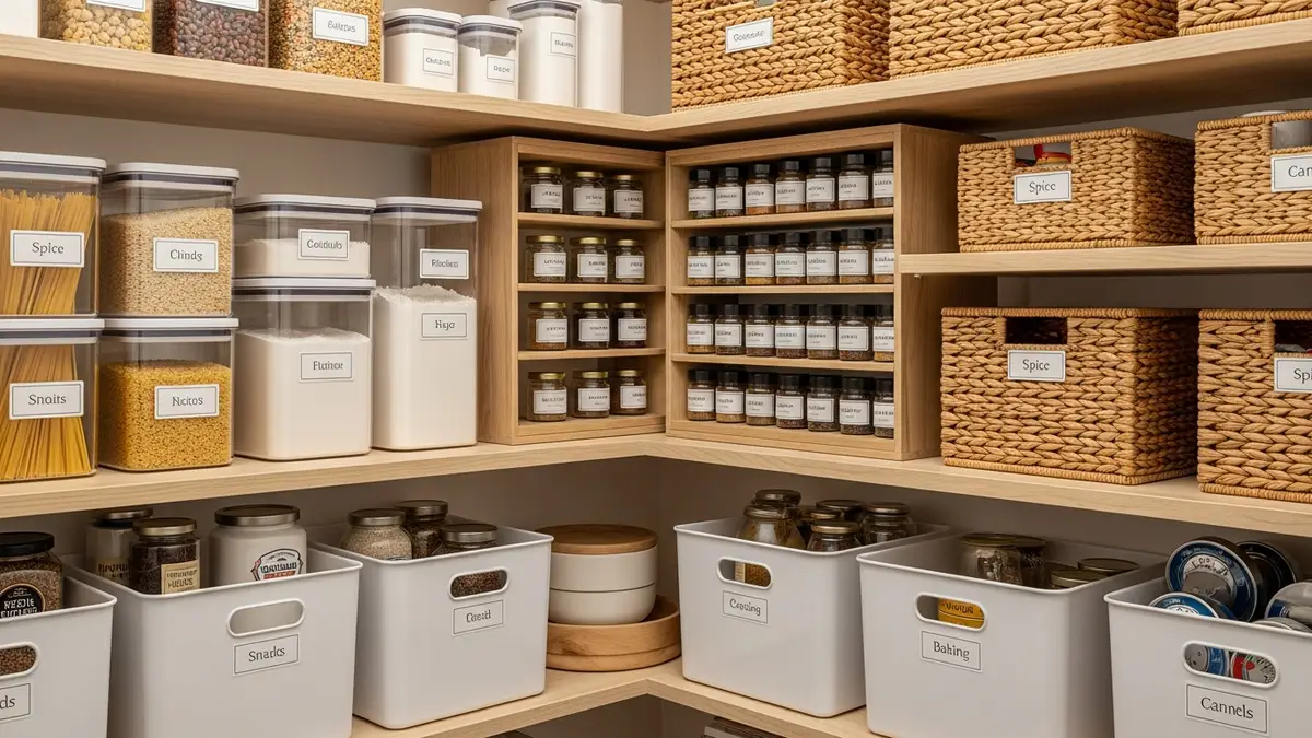 Walk in pantry organization with clear storage containers and labeling system