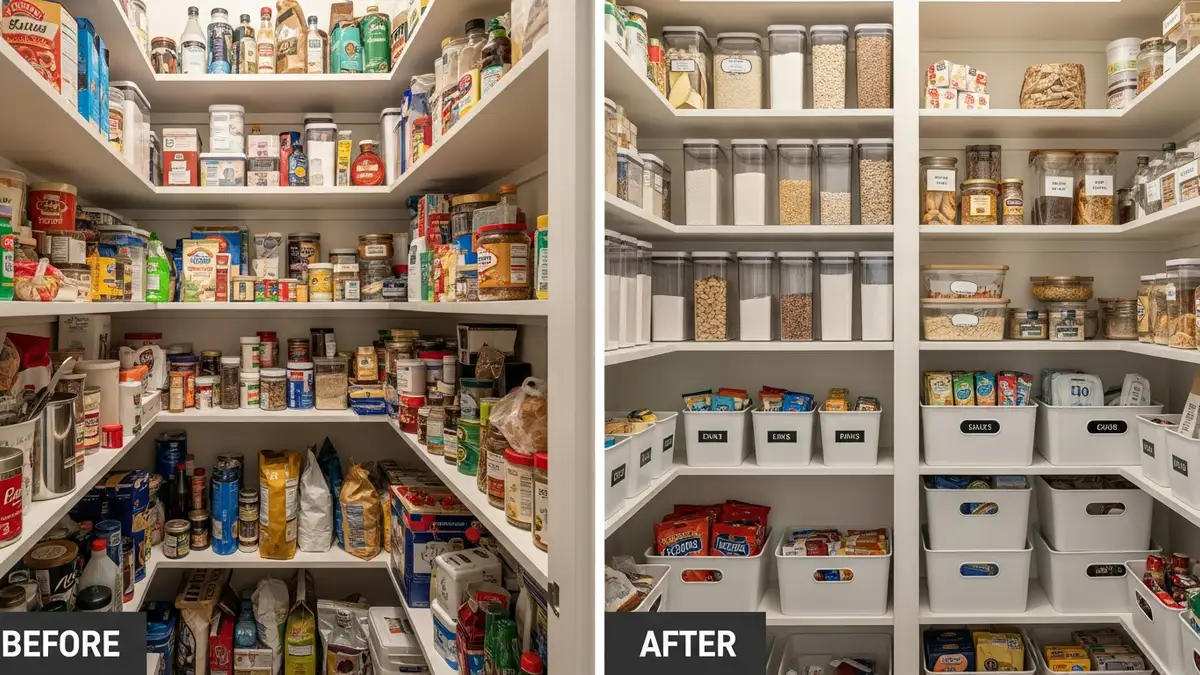 Walk in pantry organization transformation showing before and after storage solutions