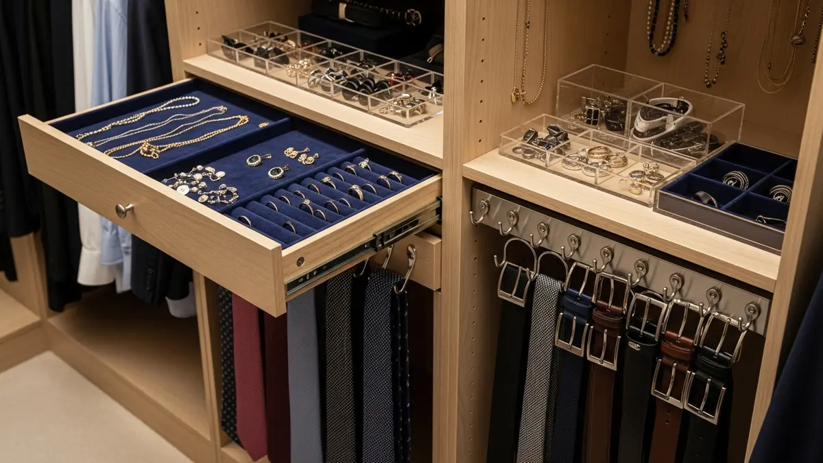 Walk-in closet accessories organization with specialized storage compartments