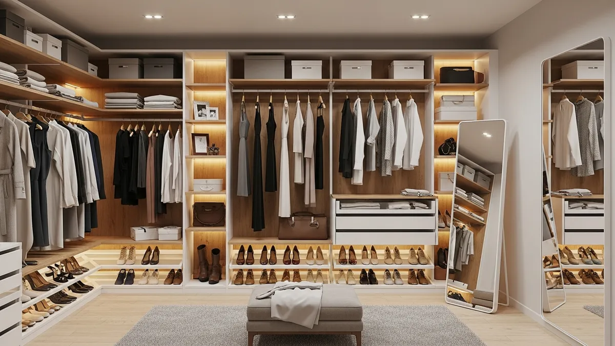 Modern walk-in closet organization ideas with shelving systems and storage solutions