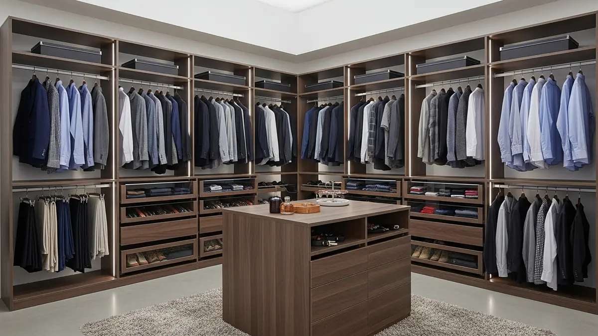 Vertical storage solutions in walk-in closet organization design