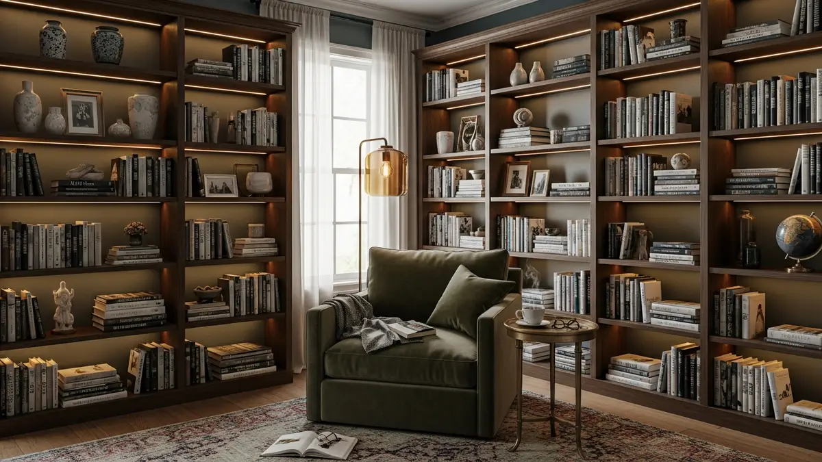 Built-in wall book shelf ideas creating cozy reading nook with floor-to-ceiling storage