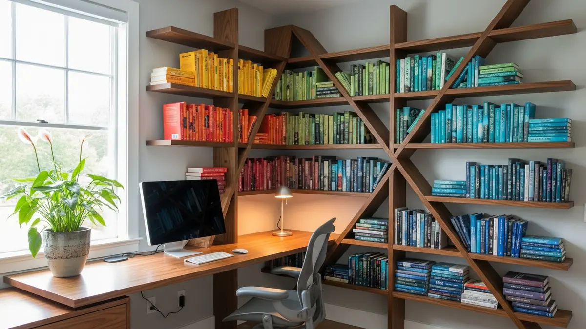 Corner wall book shelf ideas showing geometric design for maximizing reading nook space