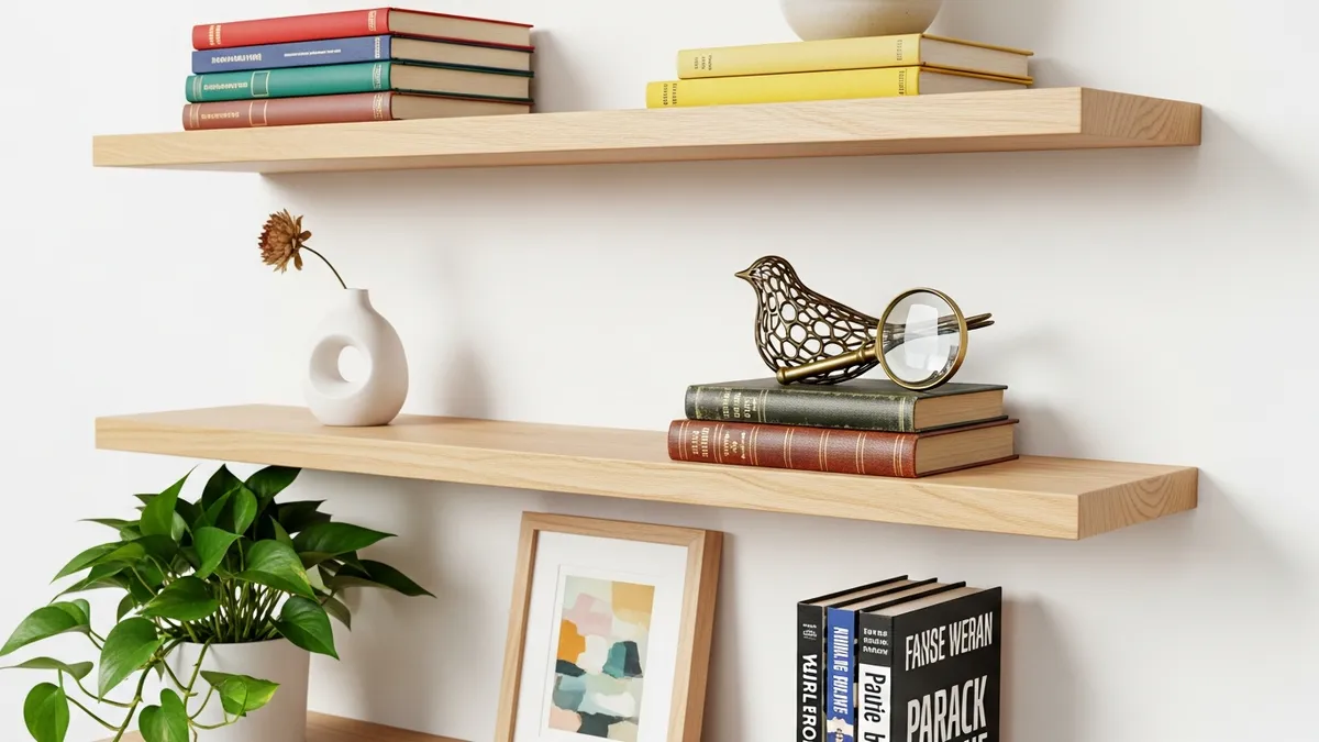 Floating wall book shelf ideas with organized books and decorative items for home storage