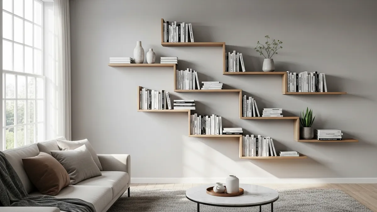 Creative wall book shelf ideas displaying floating shelves with books in modern living room