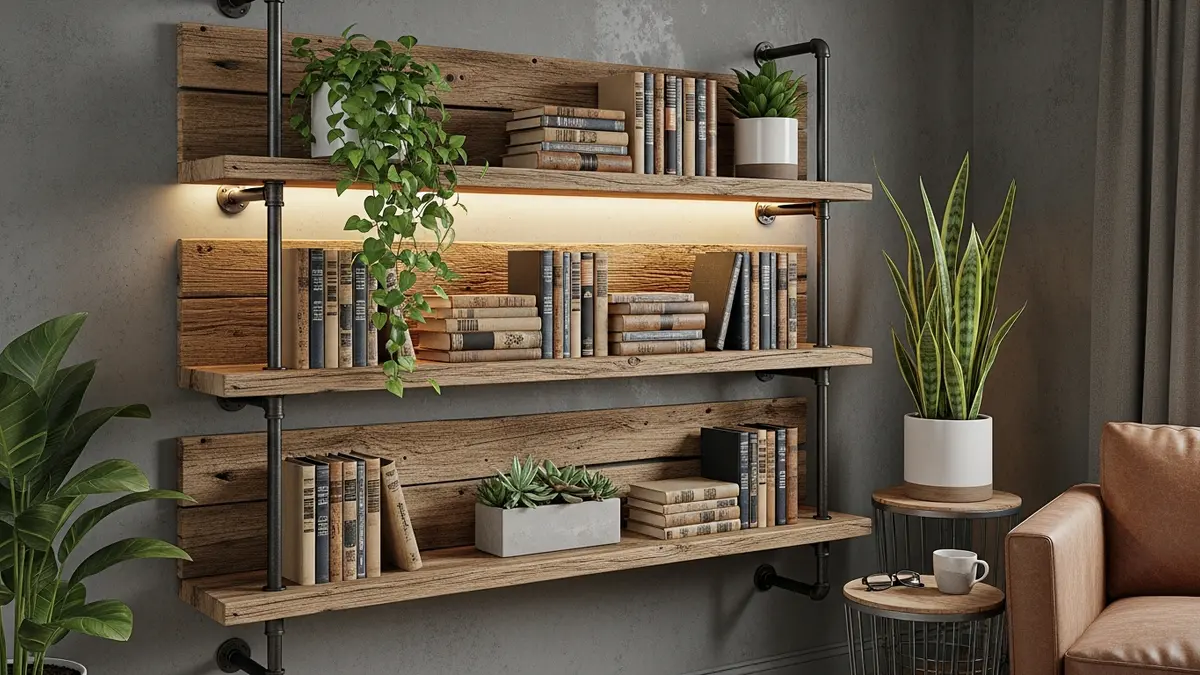 Industrial wall book shelf ideas featuring metal and wood combination for modern home library
