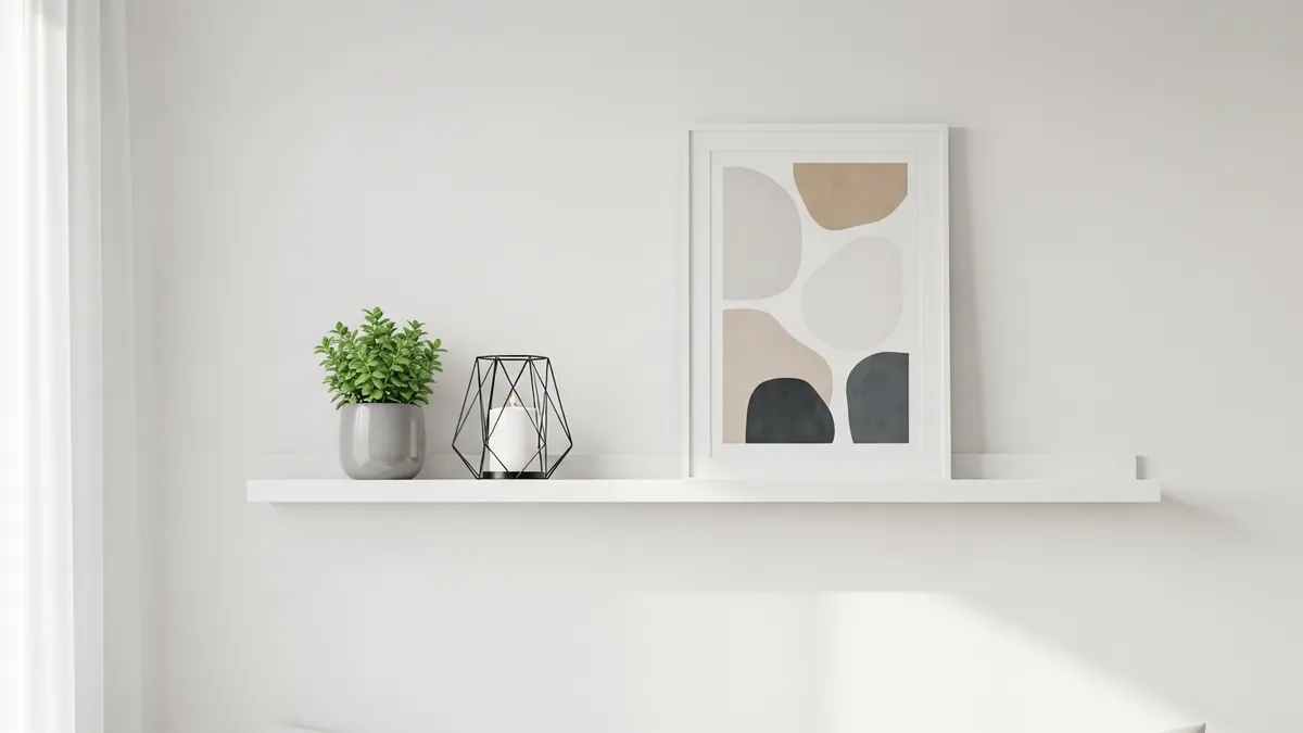 Minimalist wall decor shelf ideas with single floating shelf in Scandinavian bedroom style
