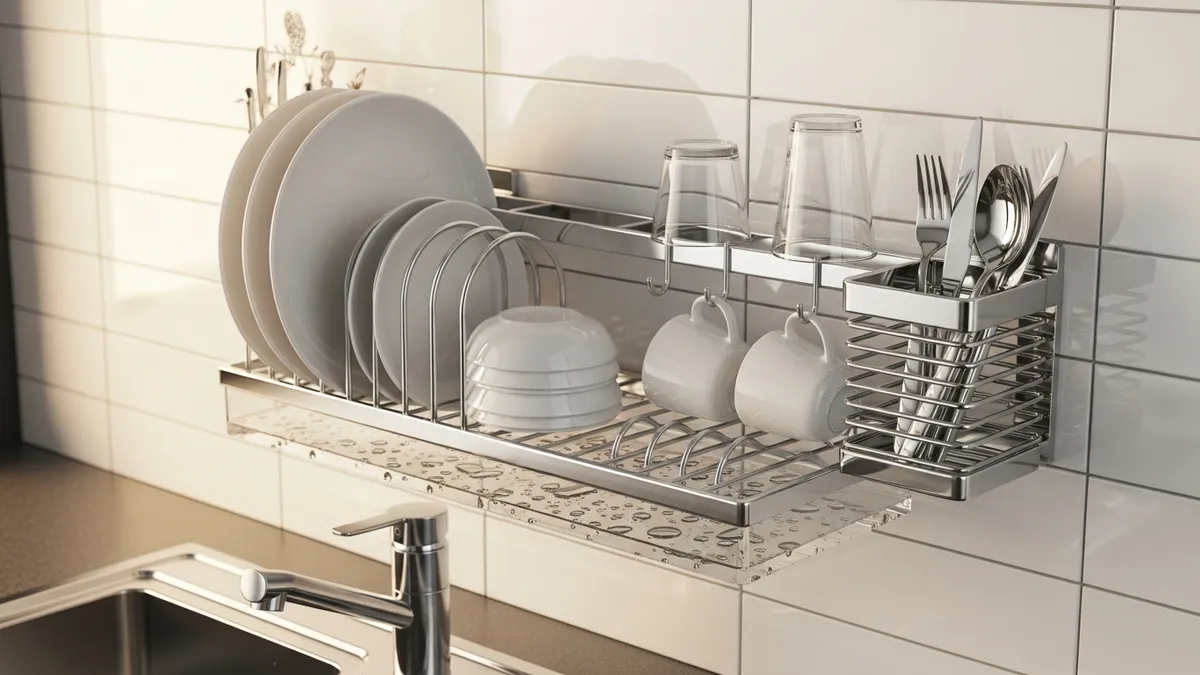 Chrome wall mounted dish rack with drip tray installed on white kitchen tiles showing compartments for plates and cups