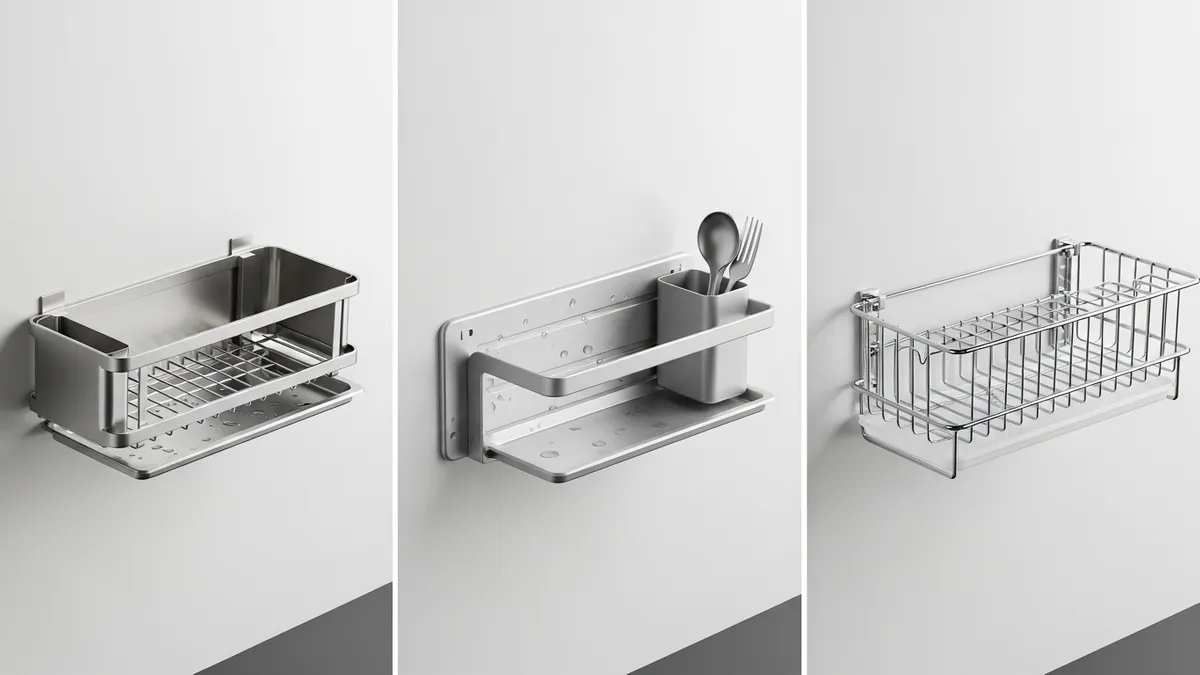 Three types of wall mounted dish racks comparison stainless steel aluminum and chrome wire on white background