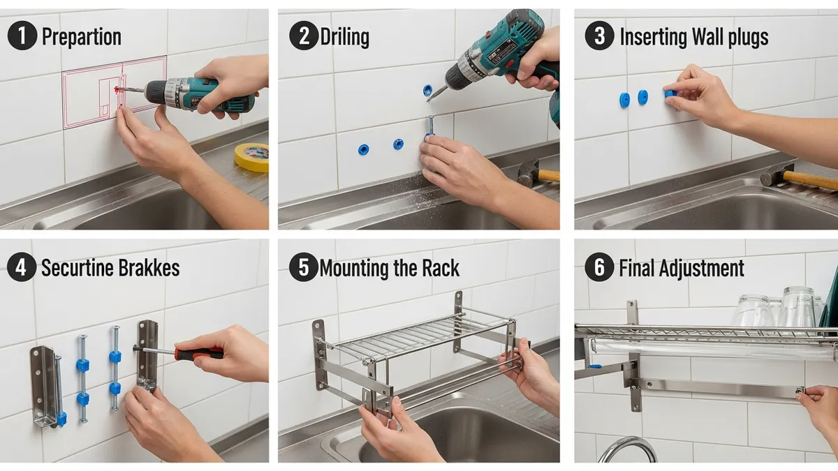 Step by step installation process of wall mounted dish rack on kitchen tiles above sink with tools