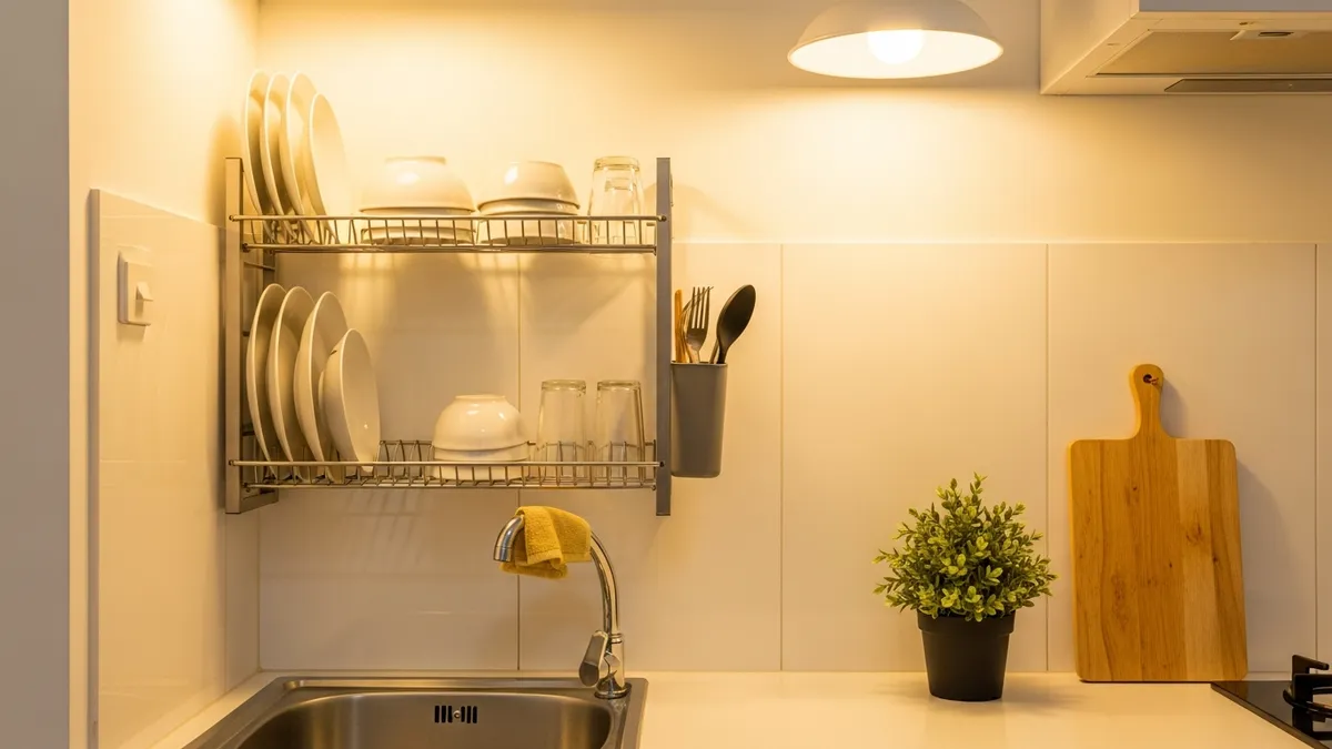 Compact wall mounted dish rack in small Indonesian apartment kitchen maximizing vertical space above sink