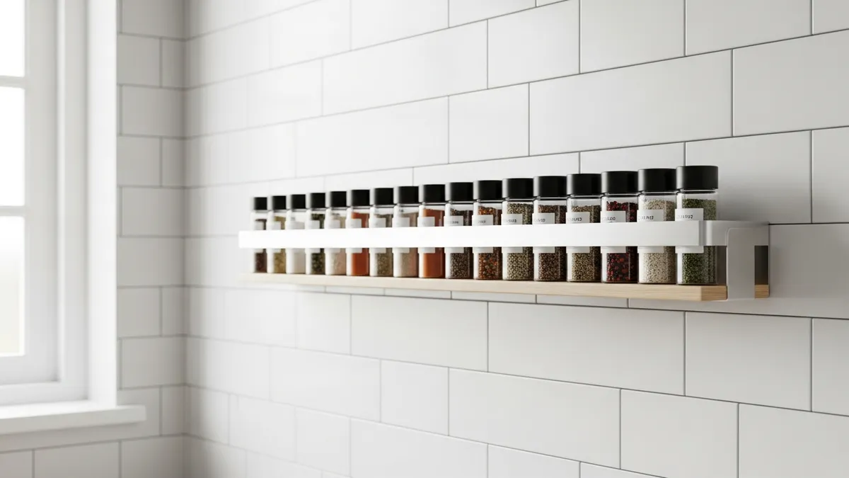 Wall mounted spice rack with glass jars installed on white kitchen tile wall