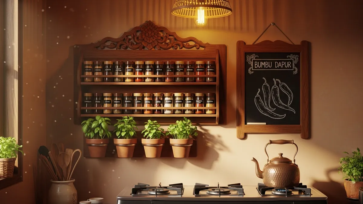 Creative wall mounted spice rack ideas above stove with herb pots and chalkboard labels