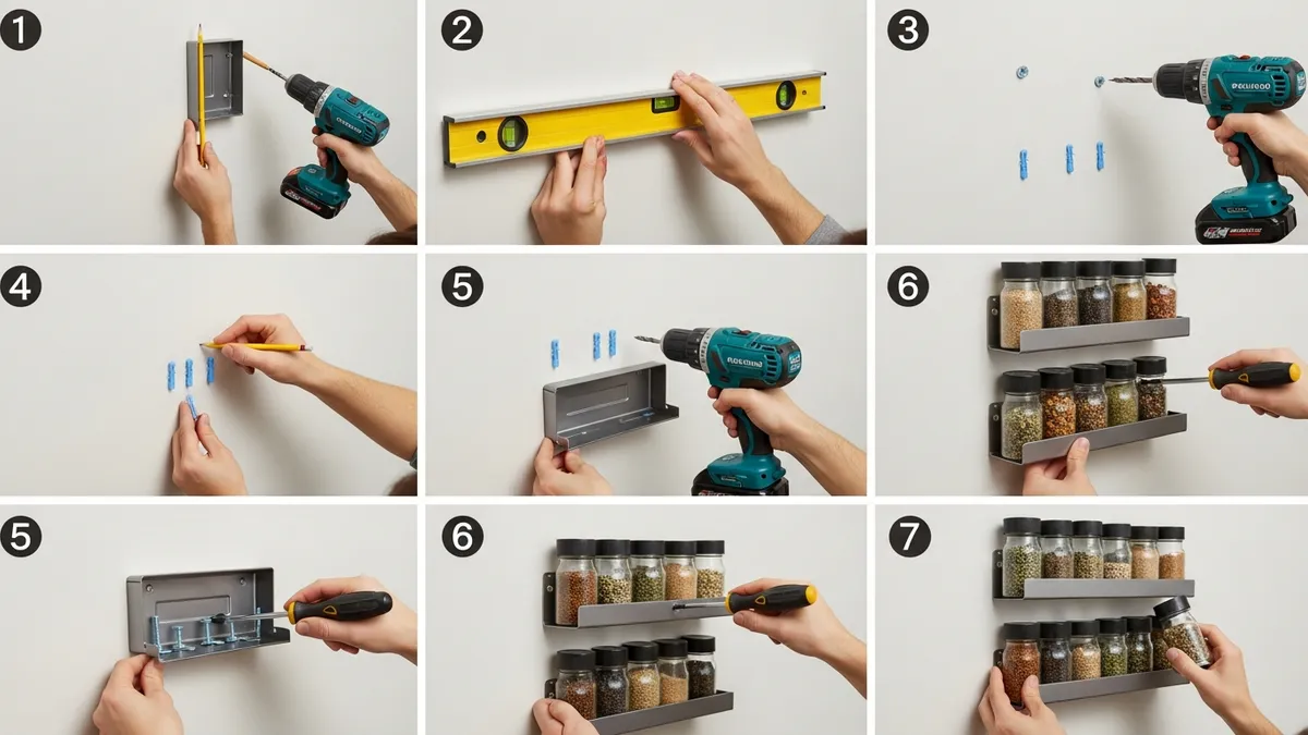 Installing wall mounted spice rack on kitchen wall with drill and screws