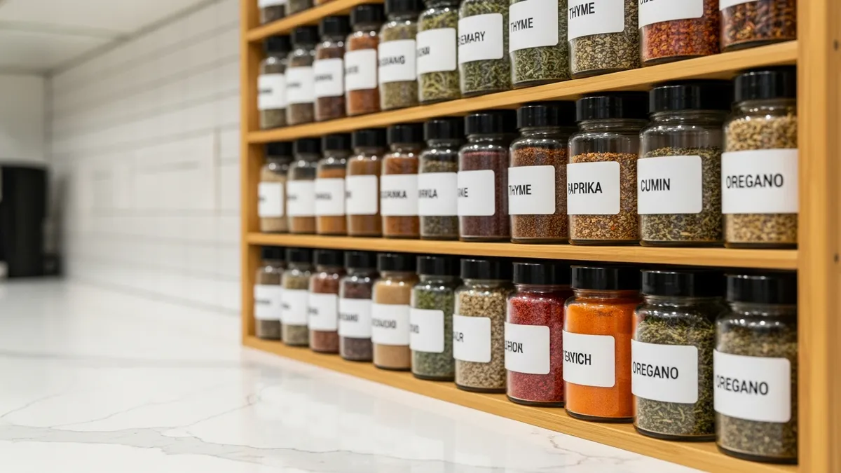 Well-organized wall mounted spice rack with labeled uniform spice jars