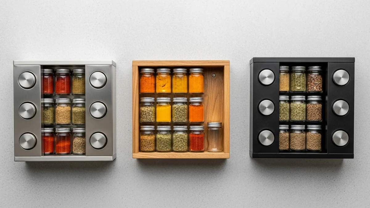 Three types of wall mounted spice racks stainless steel wooden and black iron