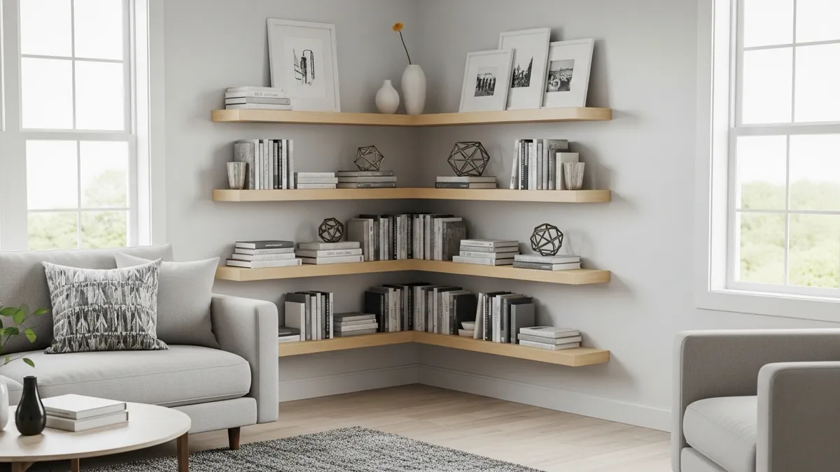 Corner wall shelf ideas for living room space optimization and storage