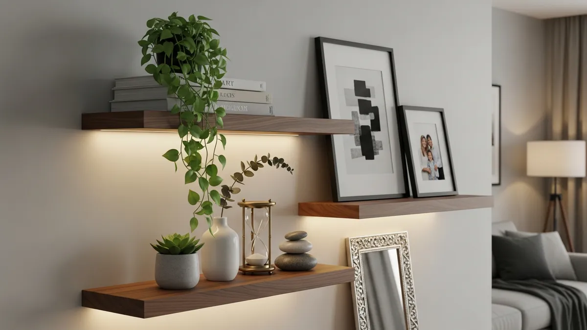 Floating wall shelves for living room displaying decorative items and plants