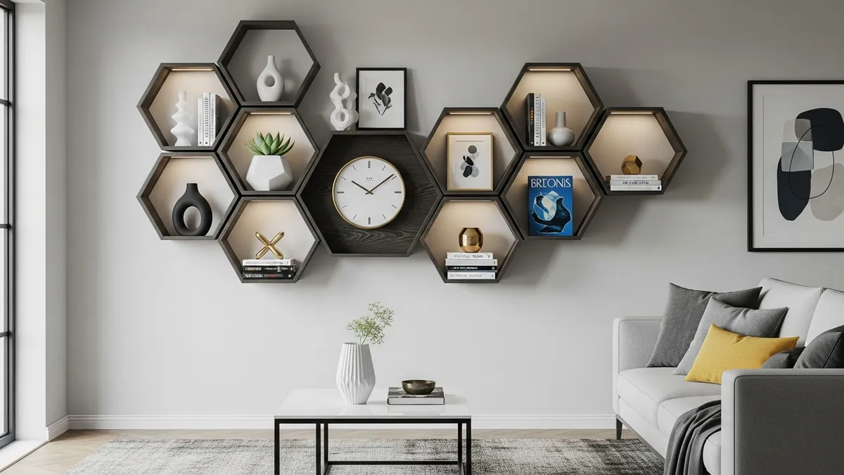Geometric wall shelf ideas for living room creating artistic storage solutions
