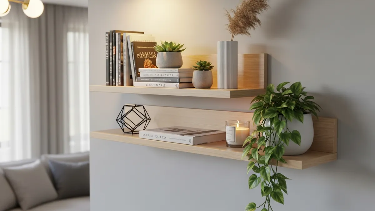 Floating wall shelves living room organization with books and decorative items