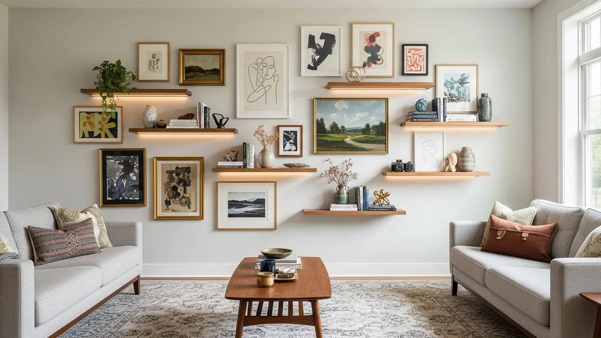 Gallery wall shelf ideas living room combining art and functional storage
