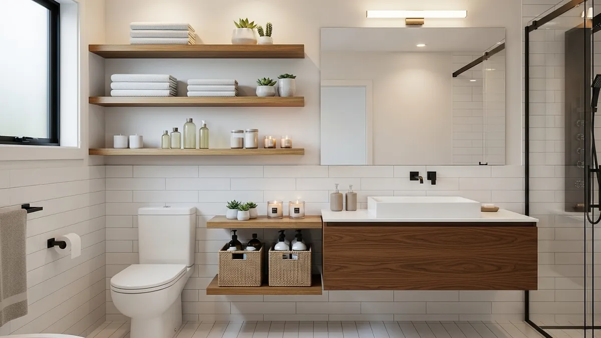 Bathroom wall shelf storage ideas for towels and toiletries organization