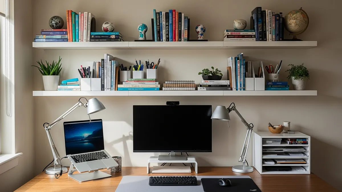 Home office wall shelf storage ideas for books and supplies organization