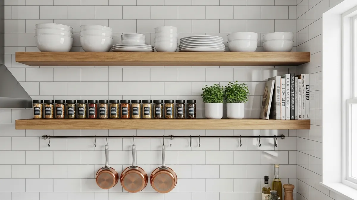 Kitchen wall shelf storage ideas showing organized cookware and dishes