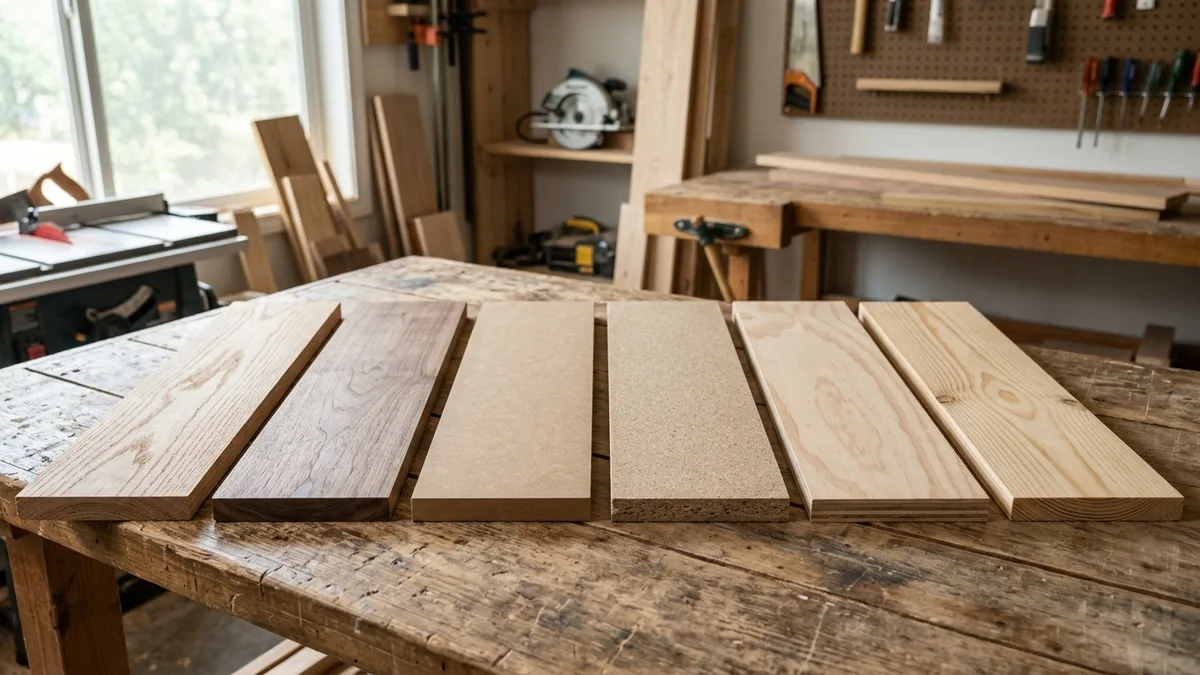 Solid wood planks MDF and plywood shelf boards displayed side by side on a workshop table