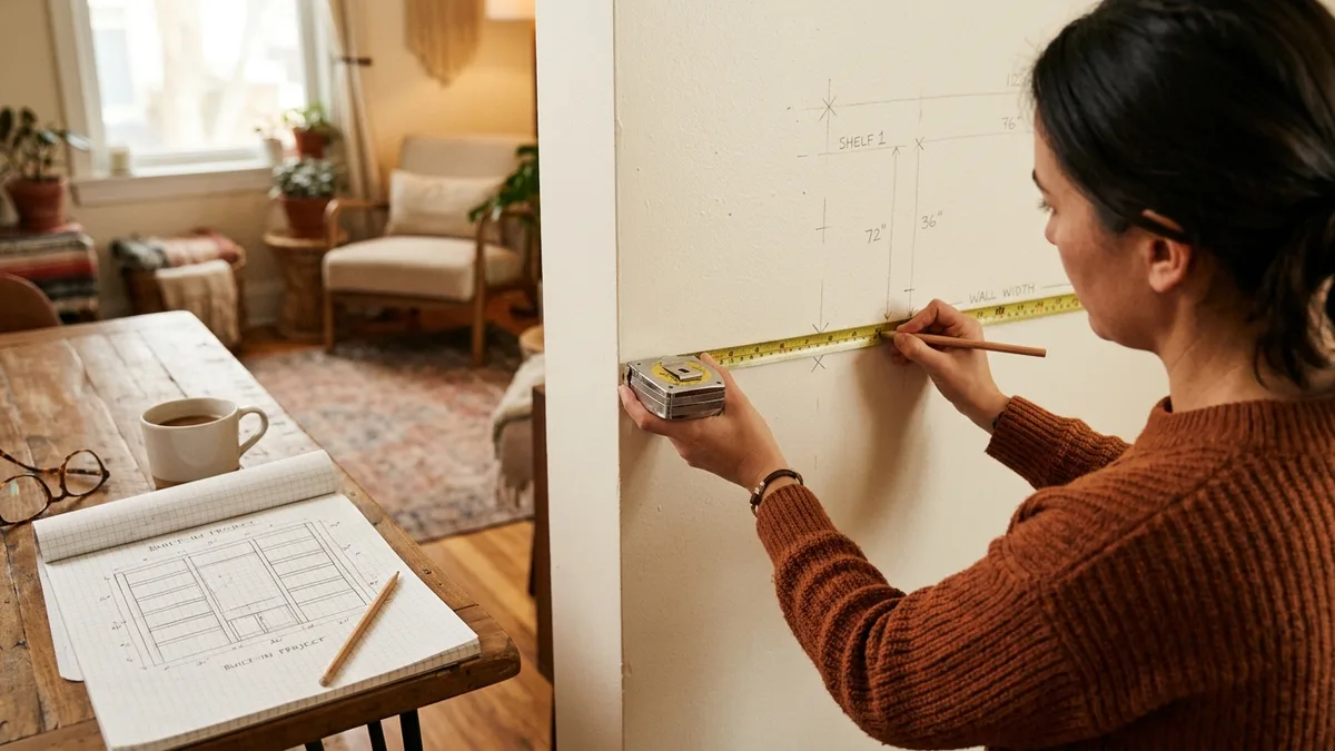 Person measuring a blank wall with a tape measure while planning a wall to wall shelf installation
