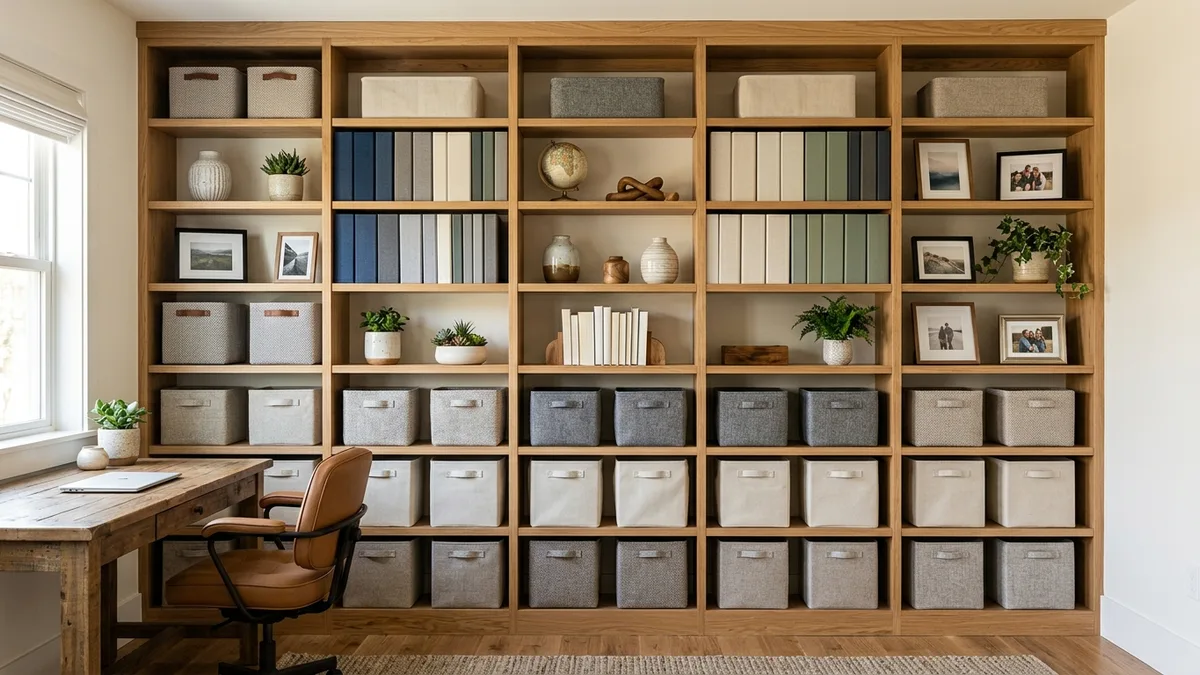 Organized wall to wall shelving unit in a home office with labeled fabric bins binders and decorative accessories