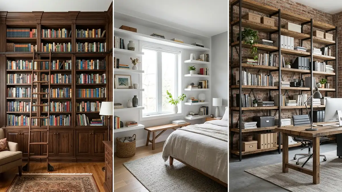 Three different wall to wall shelf styles including dark wood library floating bedroom shelves and industrial home office shelving