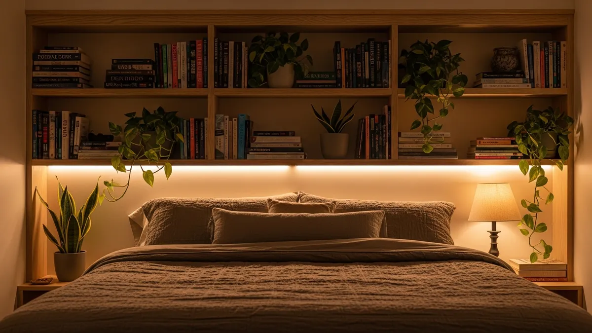 Wall to wall shelf ideas for bedroom storage and organization with built-in design