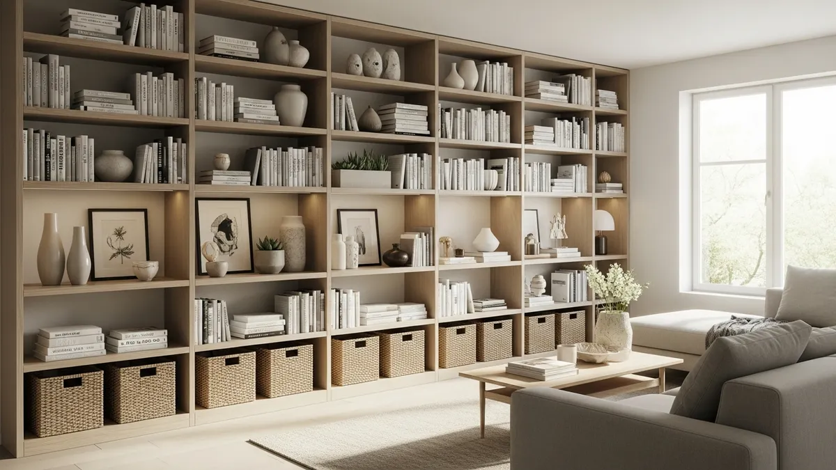 Modern wall to wall shelf ideas in contemporary living room with organized storage and decorative display