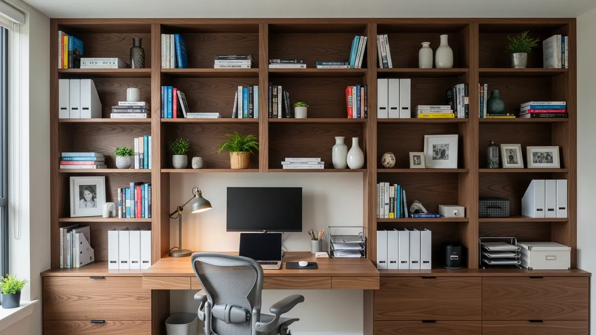 Wall to wall shelf ideas for home office organization and storage solutions