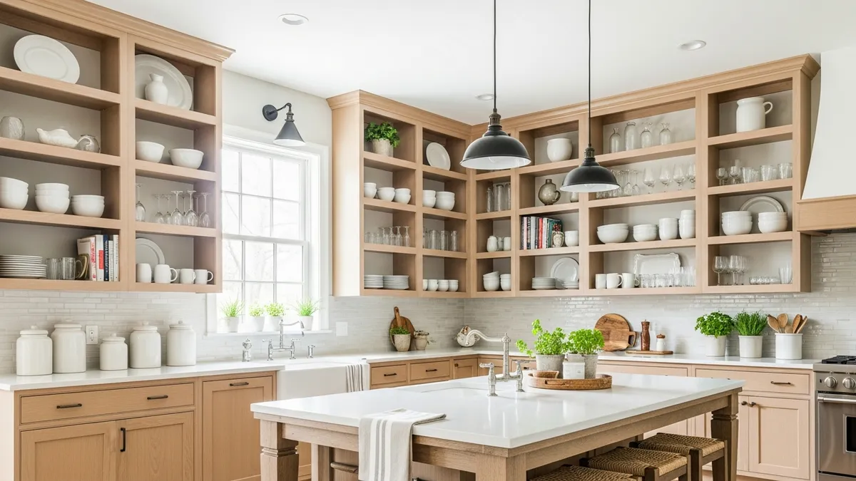 Kitchen wall to wall shelf ideas showing open shelving storage for dishes and cookware