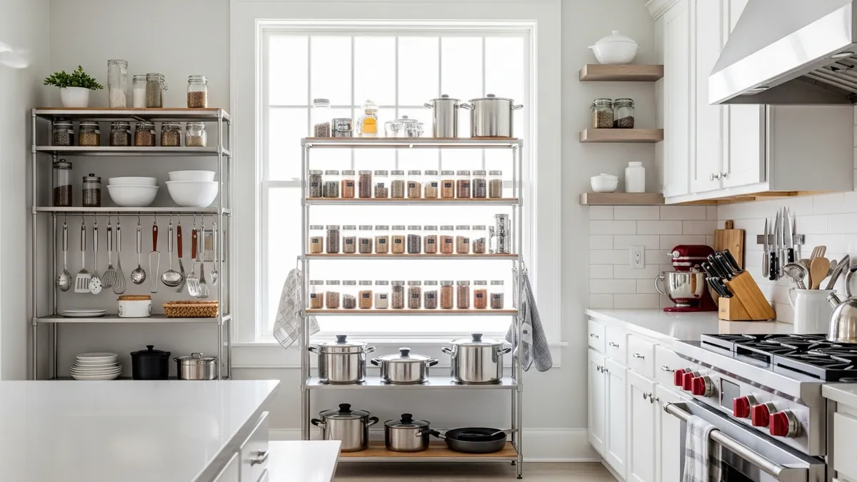 Modern American kitchen with stylish kitchen racks holding spices, pots, and utensils