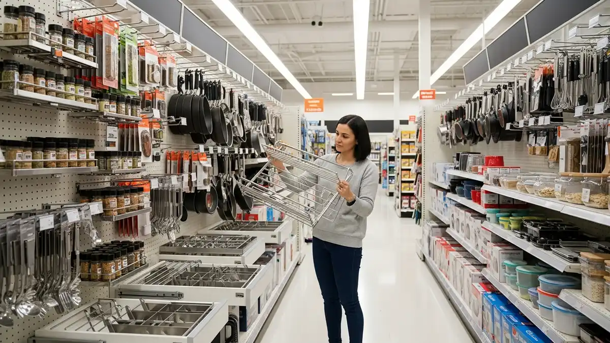 Customer browsing kitchen rack options in a home goods retail store aisle