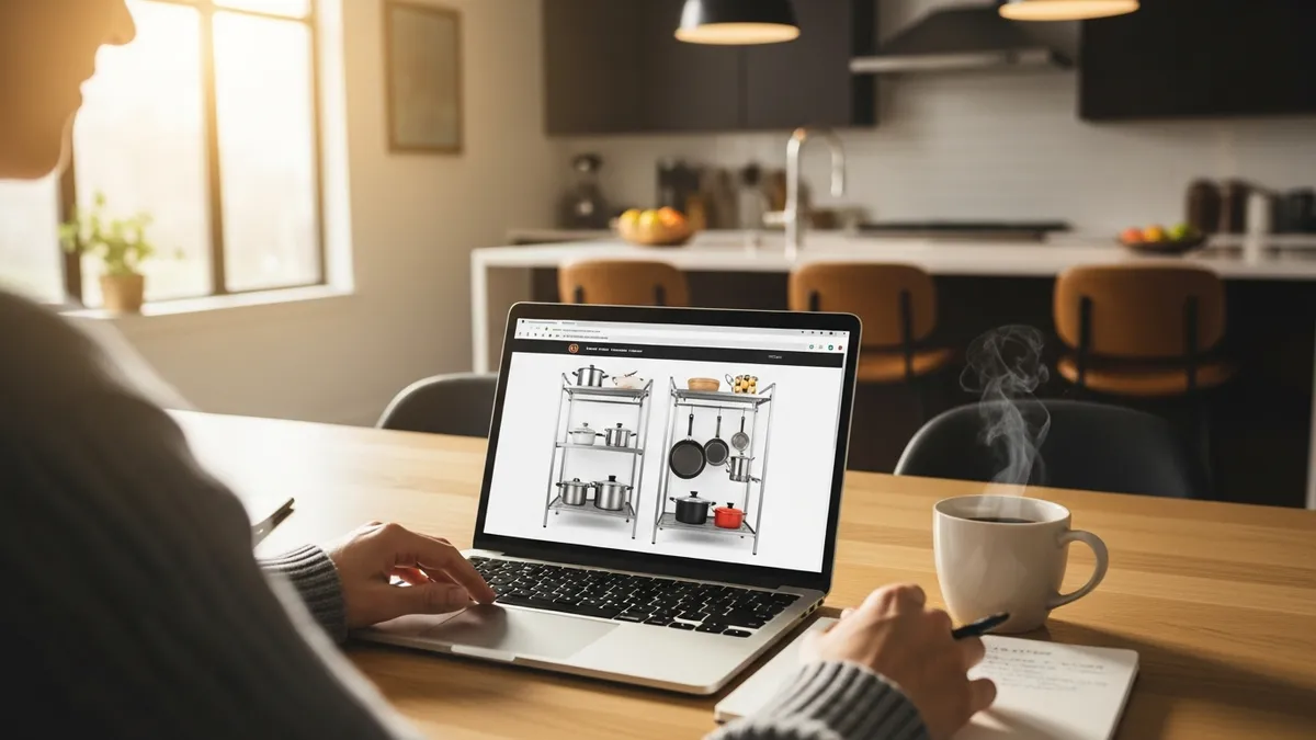 Person shopping for kitchen racks online from a laptop in a modern home