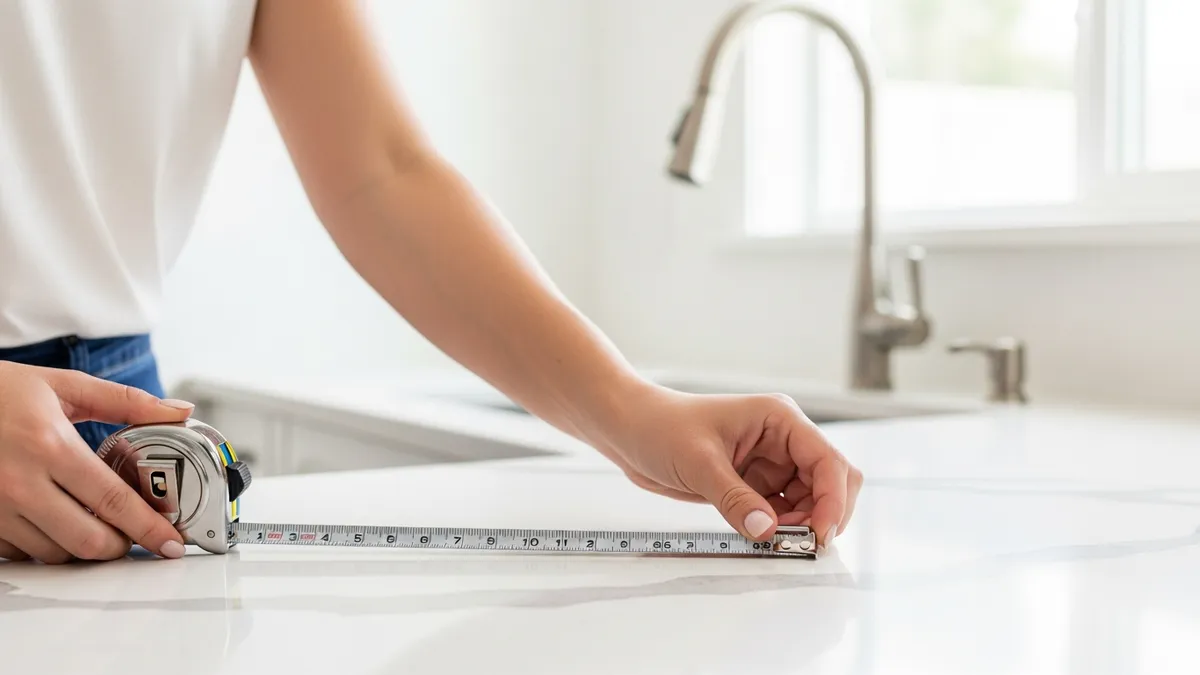 Woman measuring kitchen counter space before buying a kitchen rack