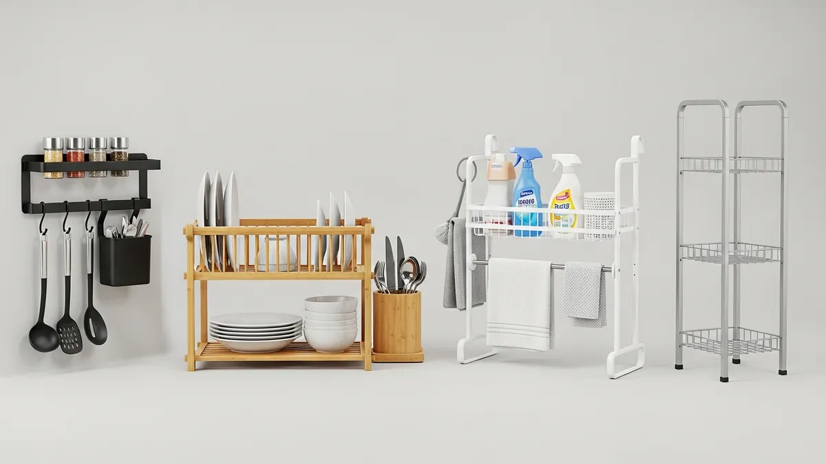 Four types of kitchen racks including wall-mounted, countertop, over-door, and freestanding options