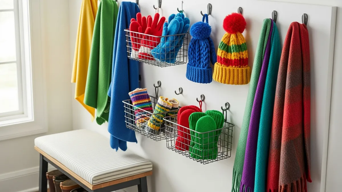 Wall-mounted pegboard with baskets for winter glove and hat storage in mudroom