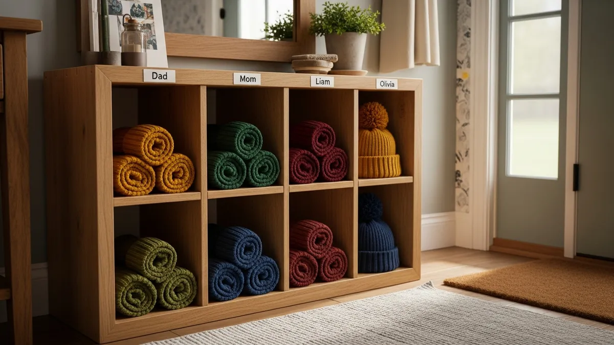 Cubby unit with individual compartments for each family member's winter hats and gloves