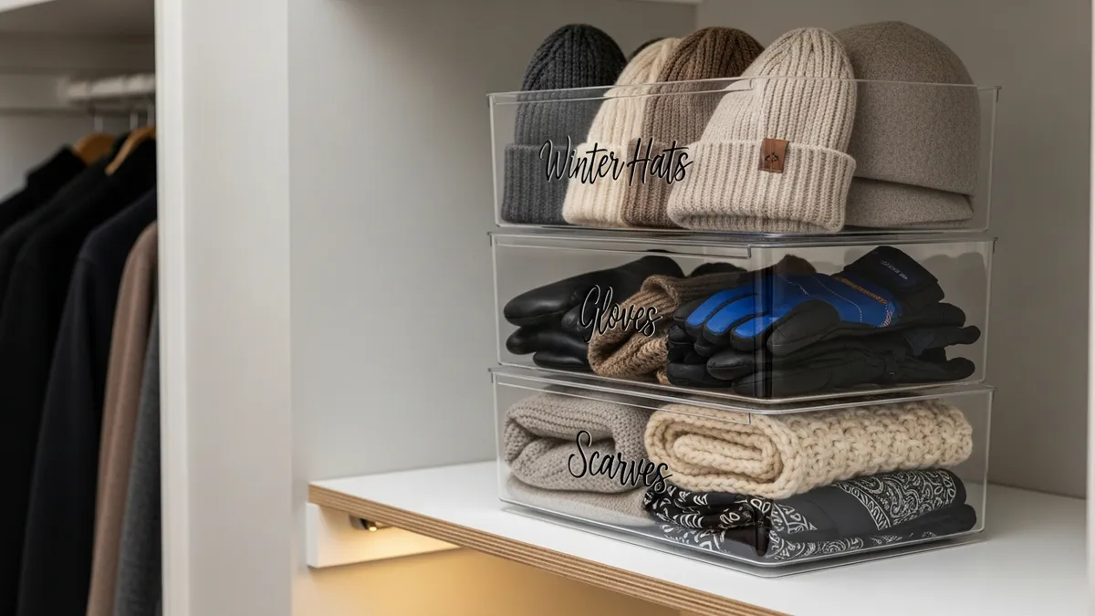 Clear labeled bins on closet shelf for organizing winter hats gloves and scarves