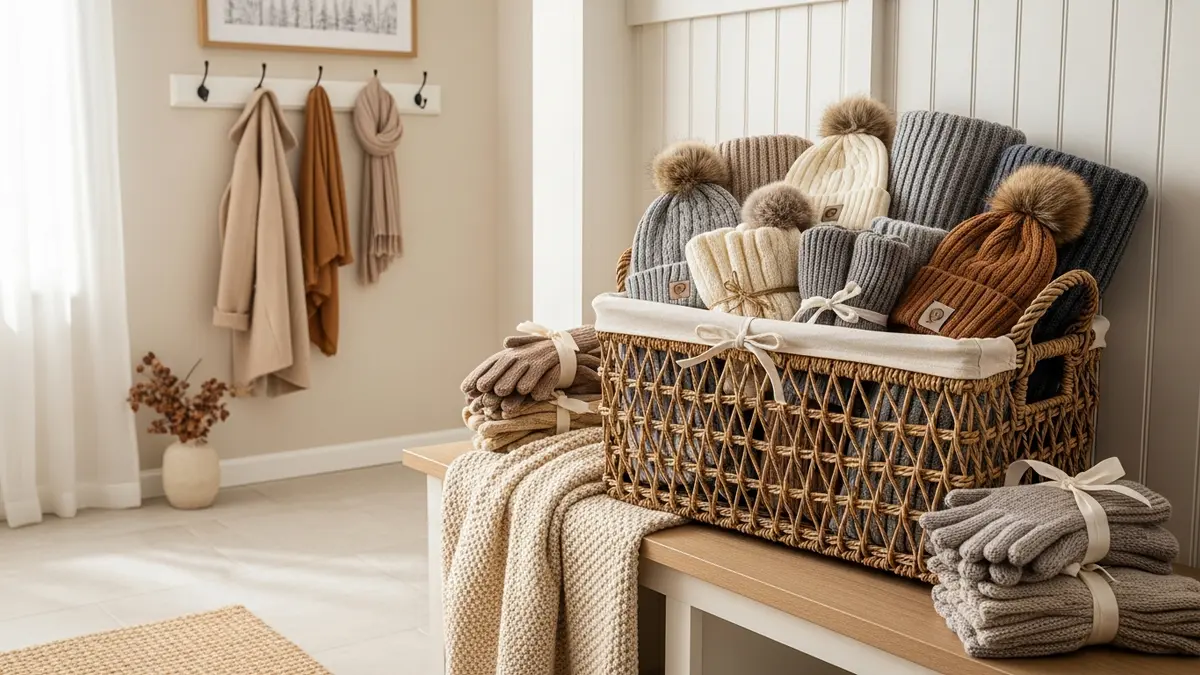 Decorative wicker basket on mudroom bench used for winter hat and glove storage
